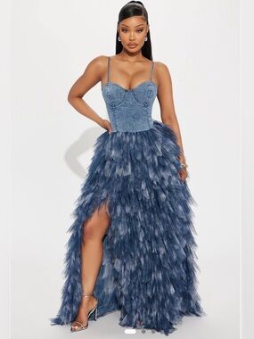 Dark Navy Tulle Ruffle Maxi Dress with Denim Bodice